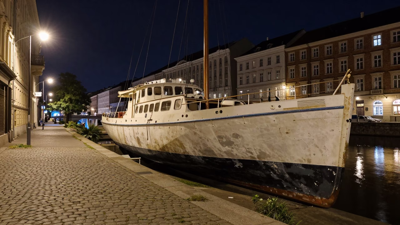 Vienna Austria Night Street Scene with Catamaran Art Installation and Urban Reflections in in Vienna, Austria