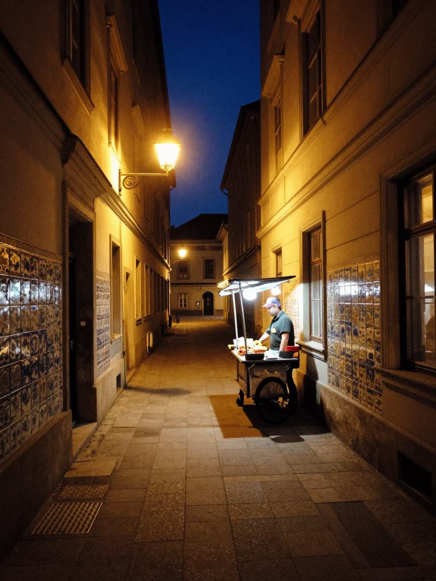 Vienna Austria Night Street Scene with Ceramic Tiles and Local Life in in Vienna, Austria
