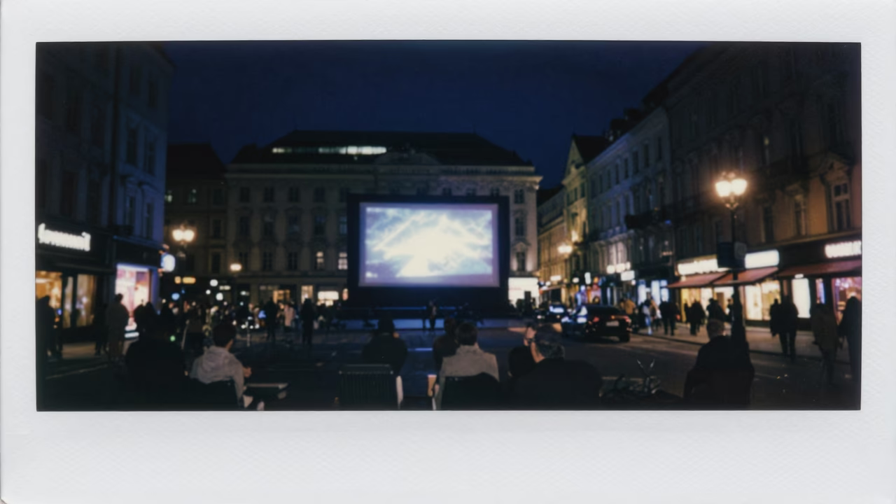 Vienna Austria Night Street Scene with Outdoor Cinema Screening Under Starry Sky in in Vienna, Austria