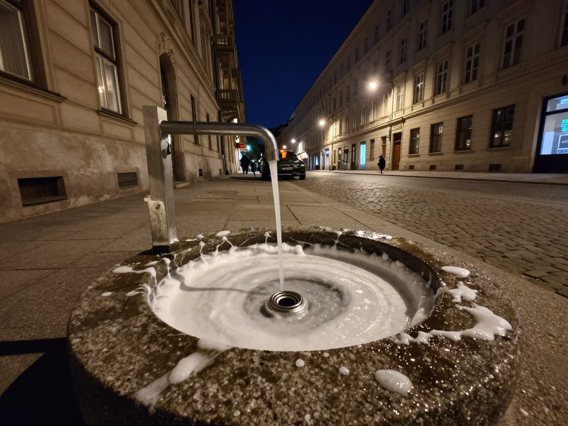Vienna Austria Night Street Scene with Soap Residue Basin and Coiled Rope in in Vienna, Austria