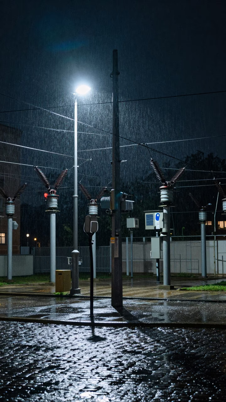 Vienna Austria Night Street Scene with Substation Insulators Sparkling Under Rain Floodlights in in Vienna, Austria