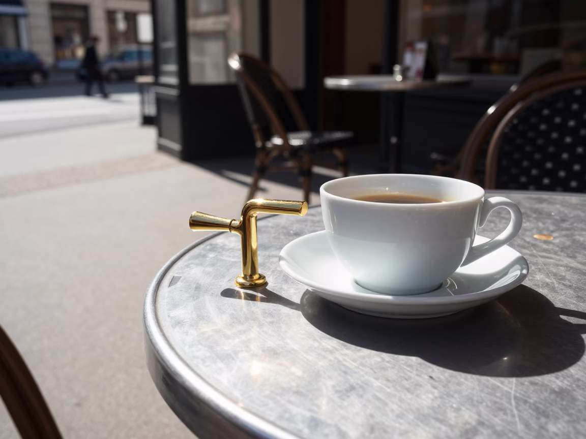 Vienna Austria Noon Light Café Table Brass Handle and Urban Street Scene in in Vienna, Austria