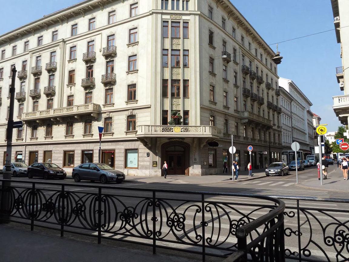 Vienna Austria Noon Street Scene with Art Deco Hotel Facade and Wicker Shadow in in Vienna, Austria