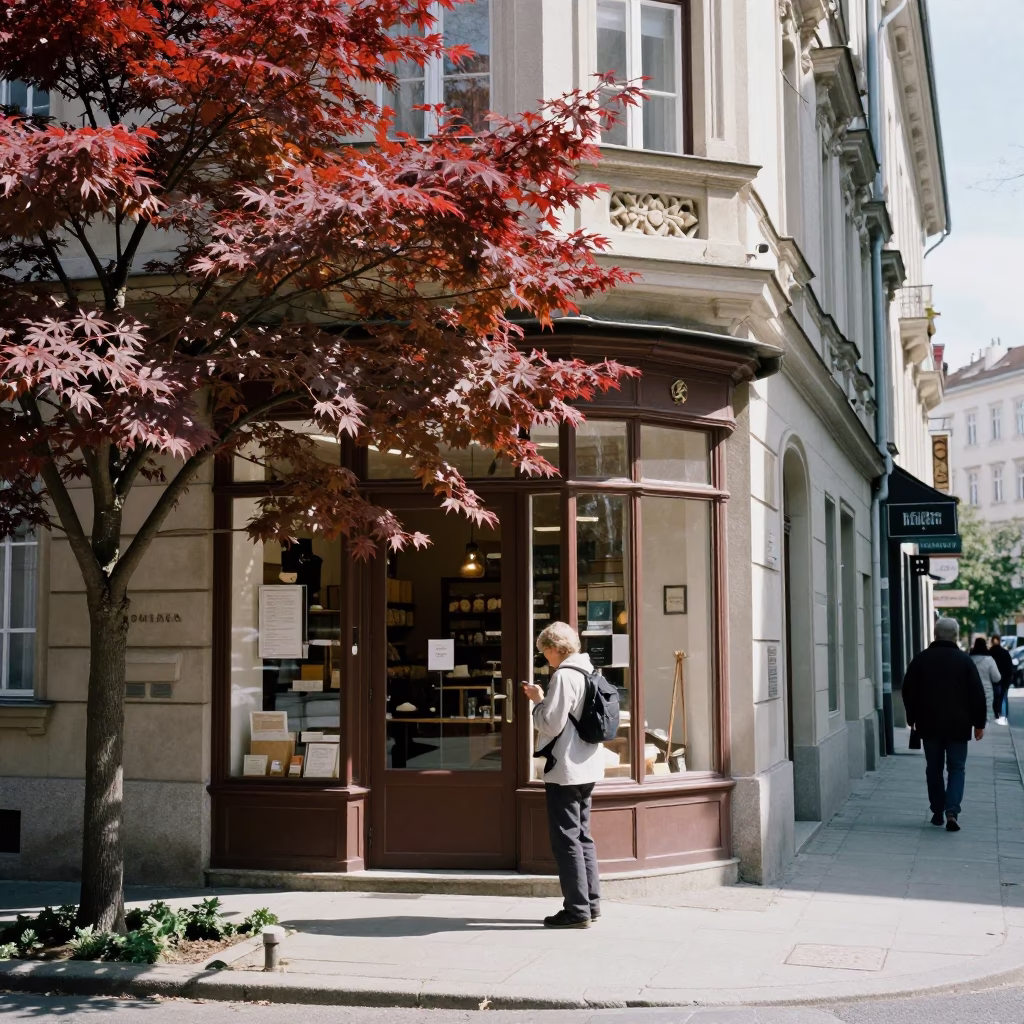 Vienna Austria Noon Street Scene with Japanese Maple and Traditional Bakery Display in in Vienna, Austria