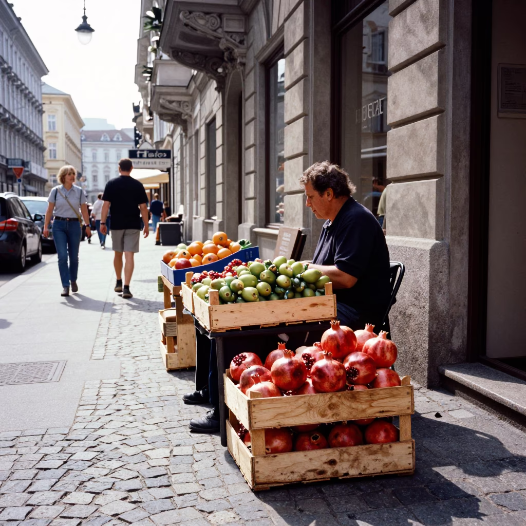 Vienna Austria Noon Street Scene with Pomegranate and Cobblestone Details in in Vienna, Austria