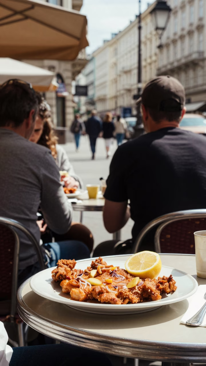 Vienna Austria Noon Street Scene with Schnitzel Plate and Metal Stools in in Vienna, Austria