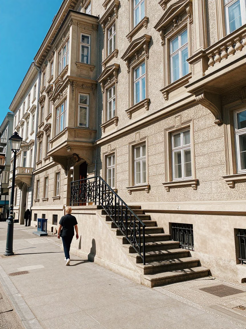 Vienna Austria Noon Street Scene with Stair Rail and Local Pedestrians in in Vienna, Austria