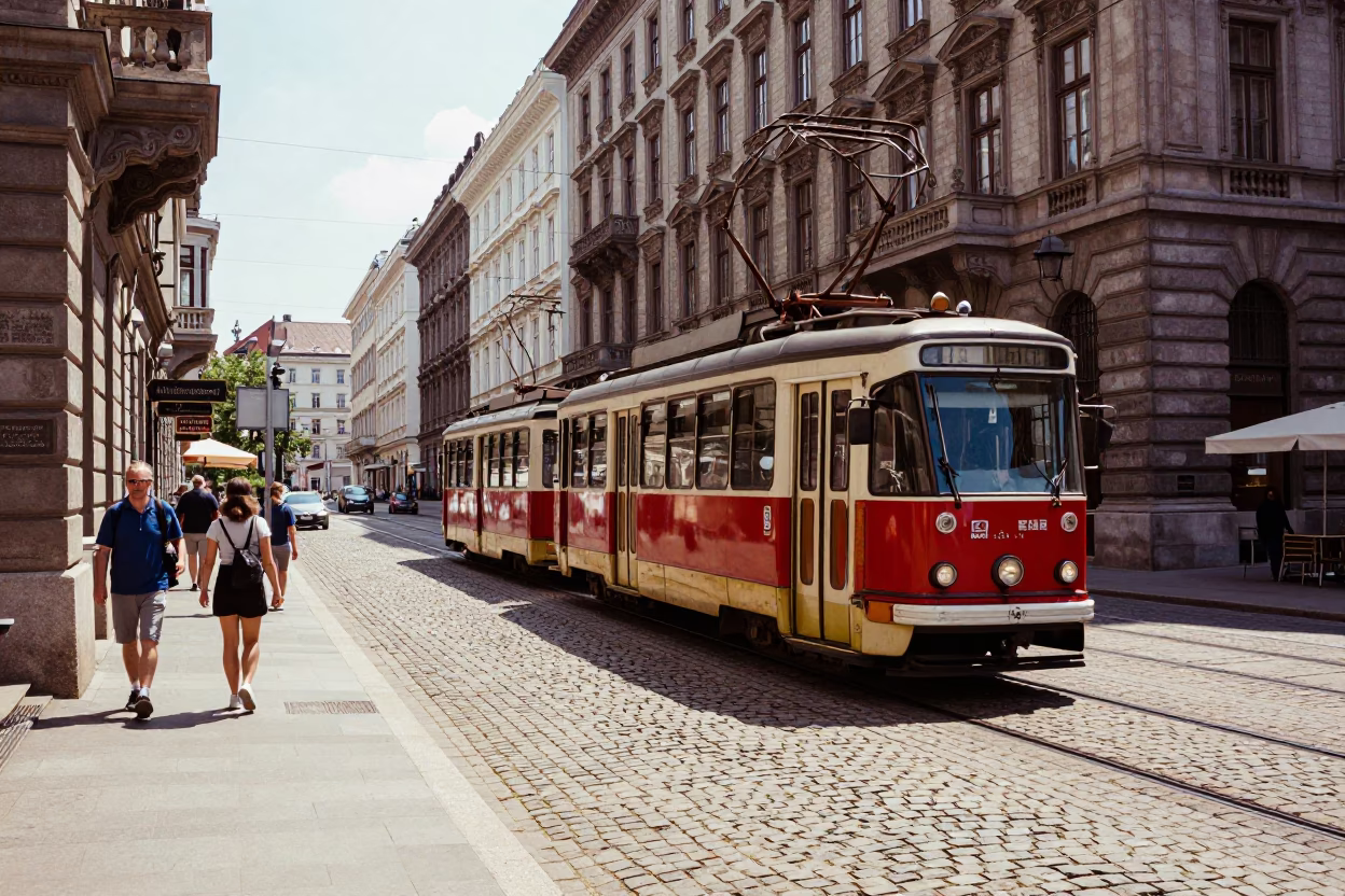 Vienna Austria noon street scene with vintage tram and historic architecture in in Vienna, Austria