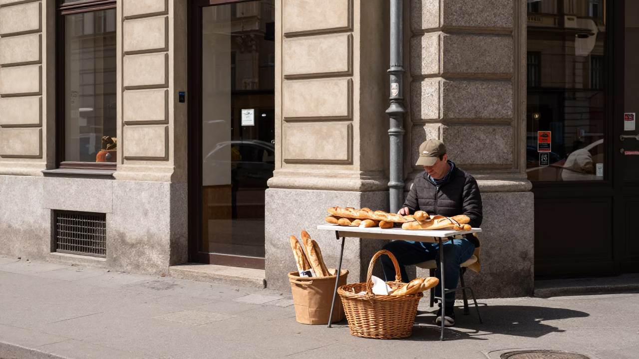 Vienna Austria Noon Street Scene with Wicker Basket and Baguettes in in Vienna, Austria