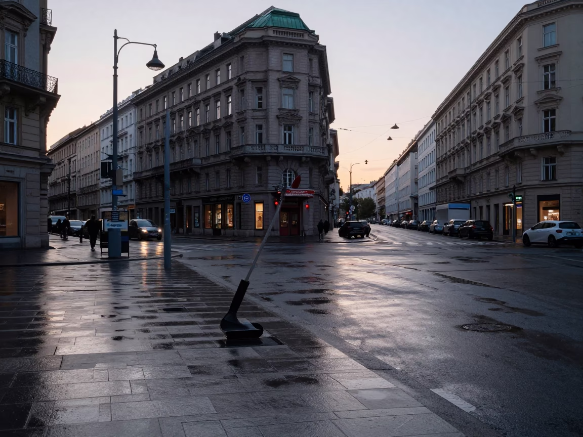 Vienna Austria Pre-Dawn Street Scene with Boot Scraper and Wet Cobblestones in in Vienna, Austria