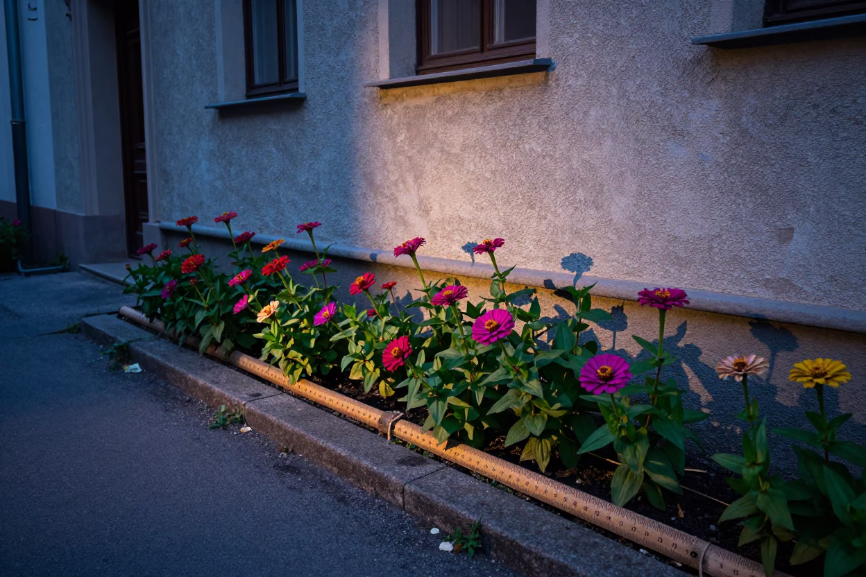 Vienna Austria pre-dawn street scene with colorful zinnias and historic architecture in in Vienna, Austria