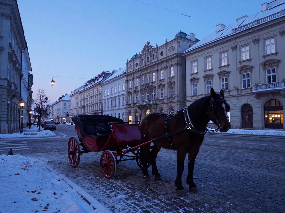 Vienna Austria Pre-Dawn Street Scene with Horse-Drawn Sleigh in Fresh Snow in in Vienna, Austria