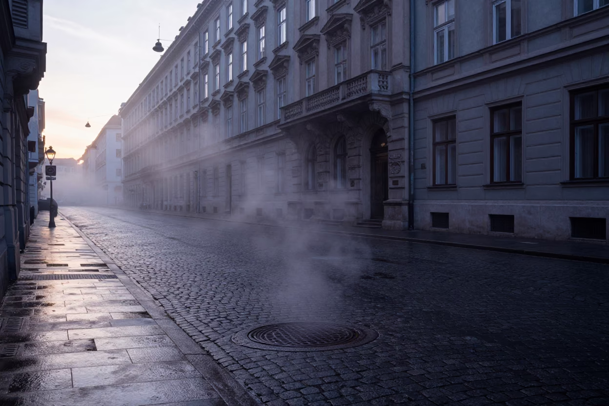 Vienna Austria pre-dawn street scene with steam haze and historic architecture in in Vienna, Austria