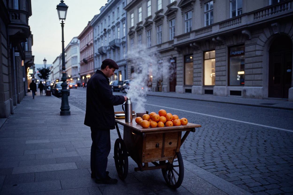 Vienna Austria Pre Dawn Street Scene with Thermos and Oranges Near Hofburg Palace in in Vienna, Austria