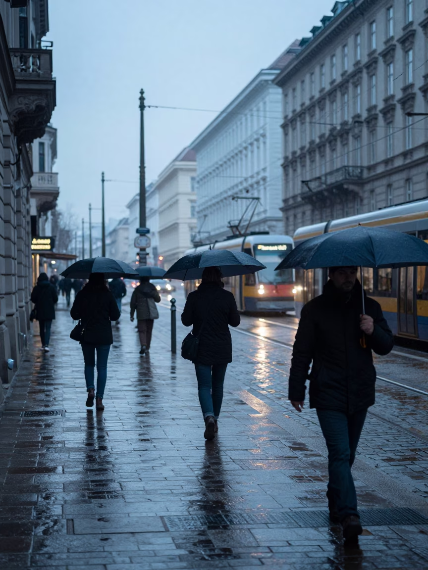 Vienna Austria Pre-Dawn Street Scene with Umbrellas and Tram Lines in in Vienna, Austria