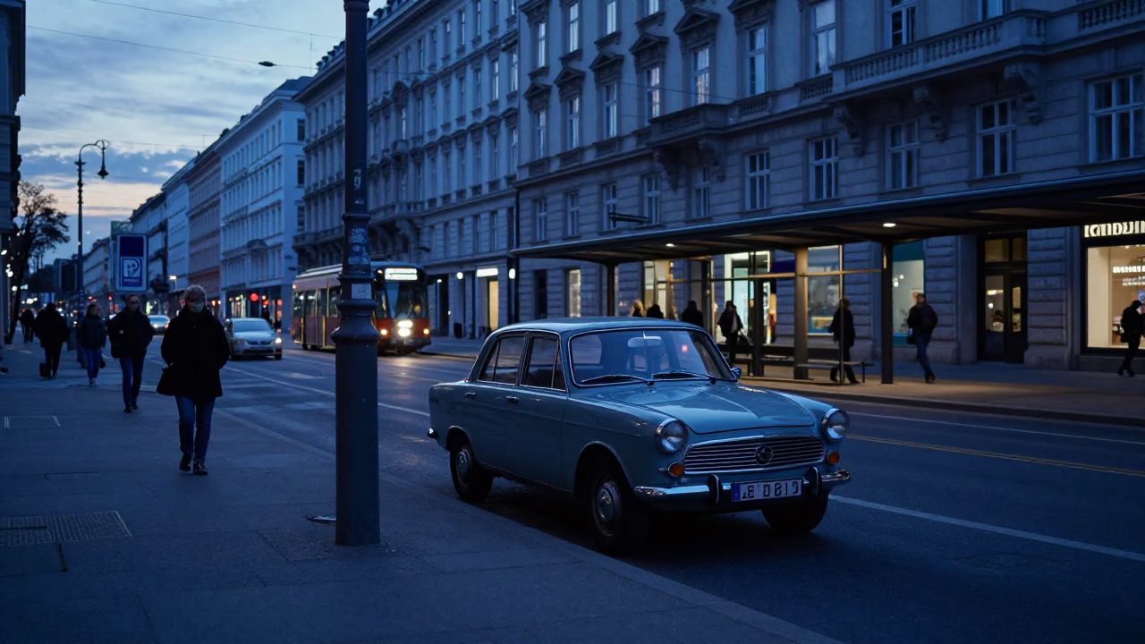Vienna Austria Pre-Dawn Street Scene with Vintage Car and Commuter Train in in Vienna, Austria