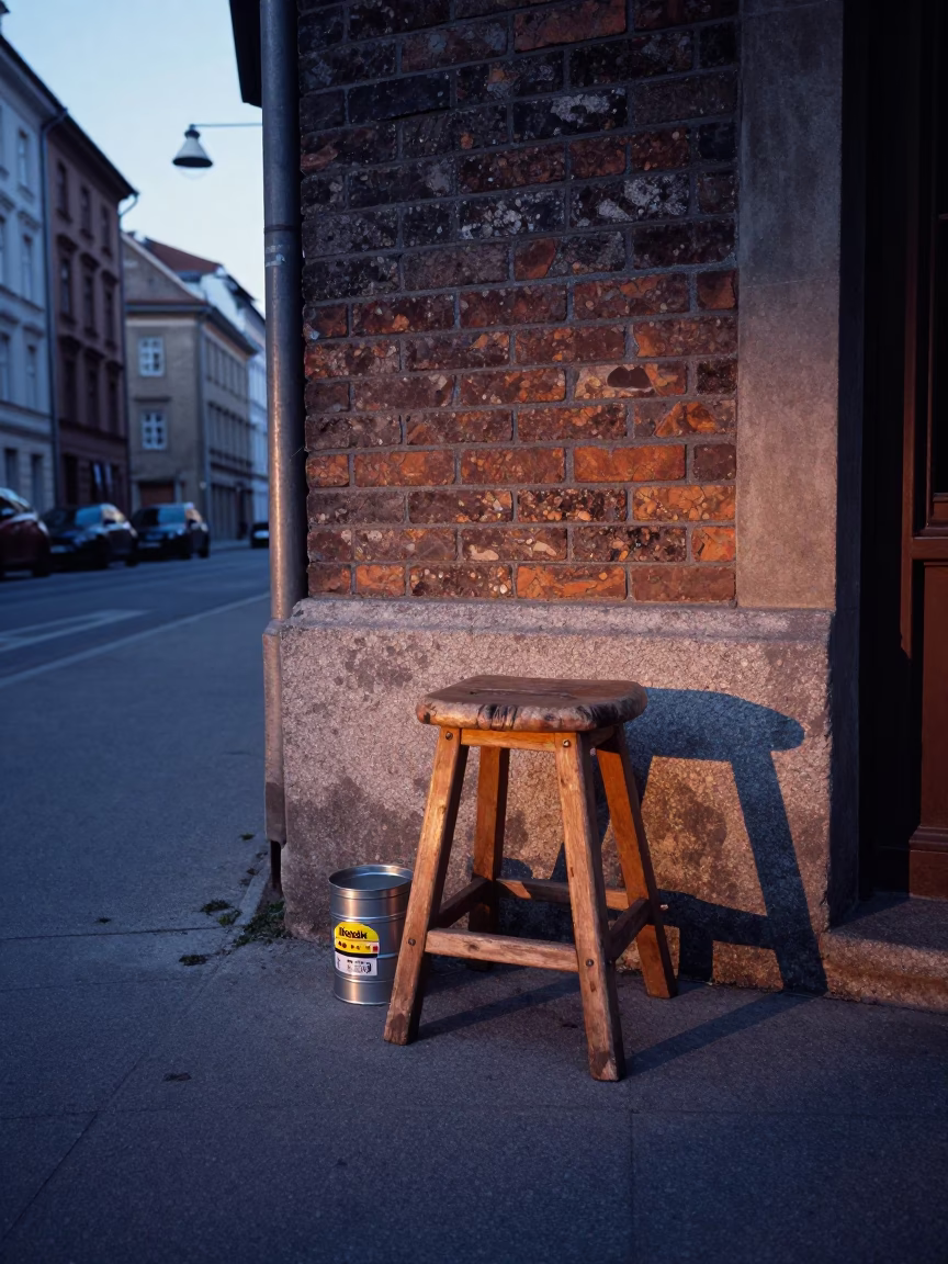 Vienna Austria Pre-Dawn Street Scene with Wooden Stool and Tin Box in in Vienna, Austria