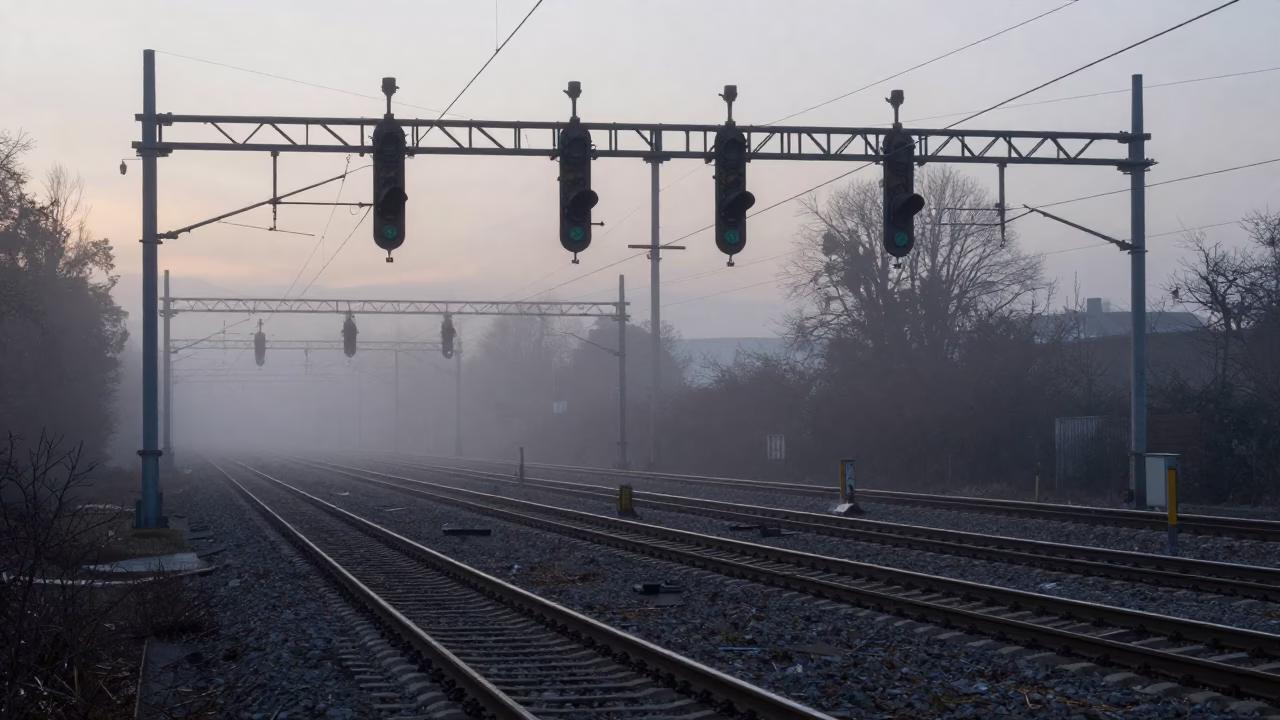 Vienna Austria Predawn Railway Signal Gantry and Misty Rail Lines in in Vienna, Austria