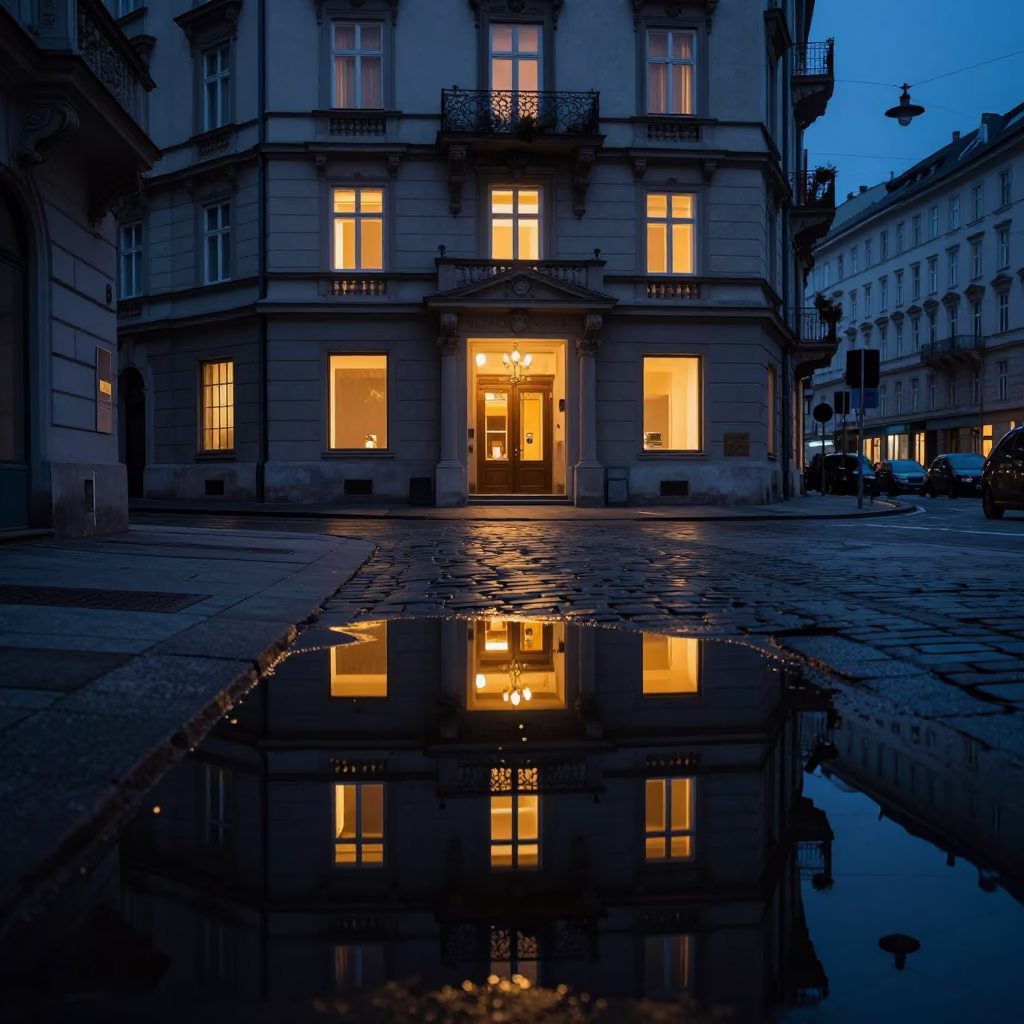 Vienna Austria Predawn Street Reflections in Puddle Near Hotel Entrance in in Vienna, Austria
