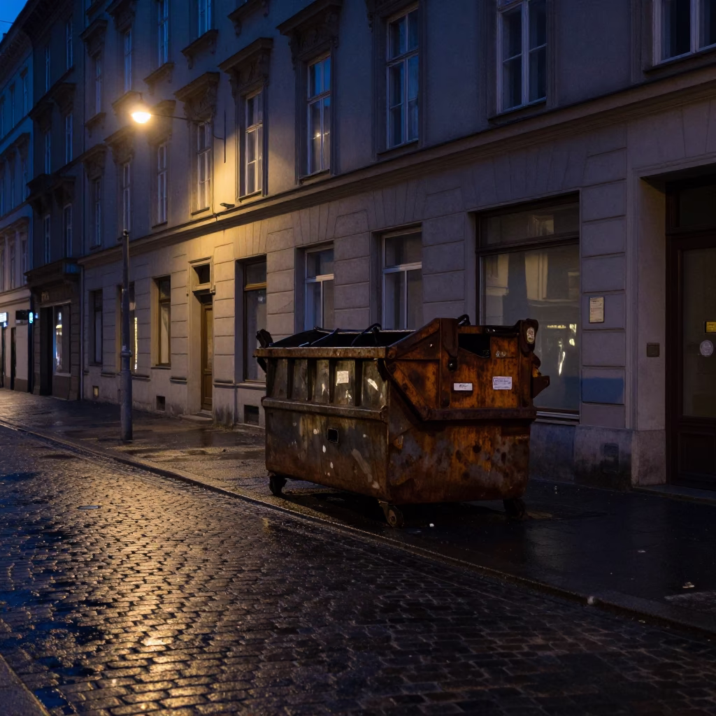 Vienna Austria Predawn Street Scene with Demolition Dumpster and Urban Decay in in Vienna, Austria