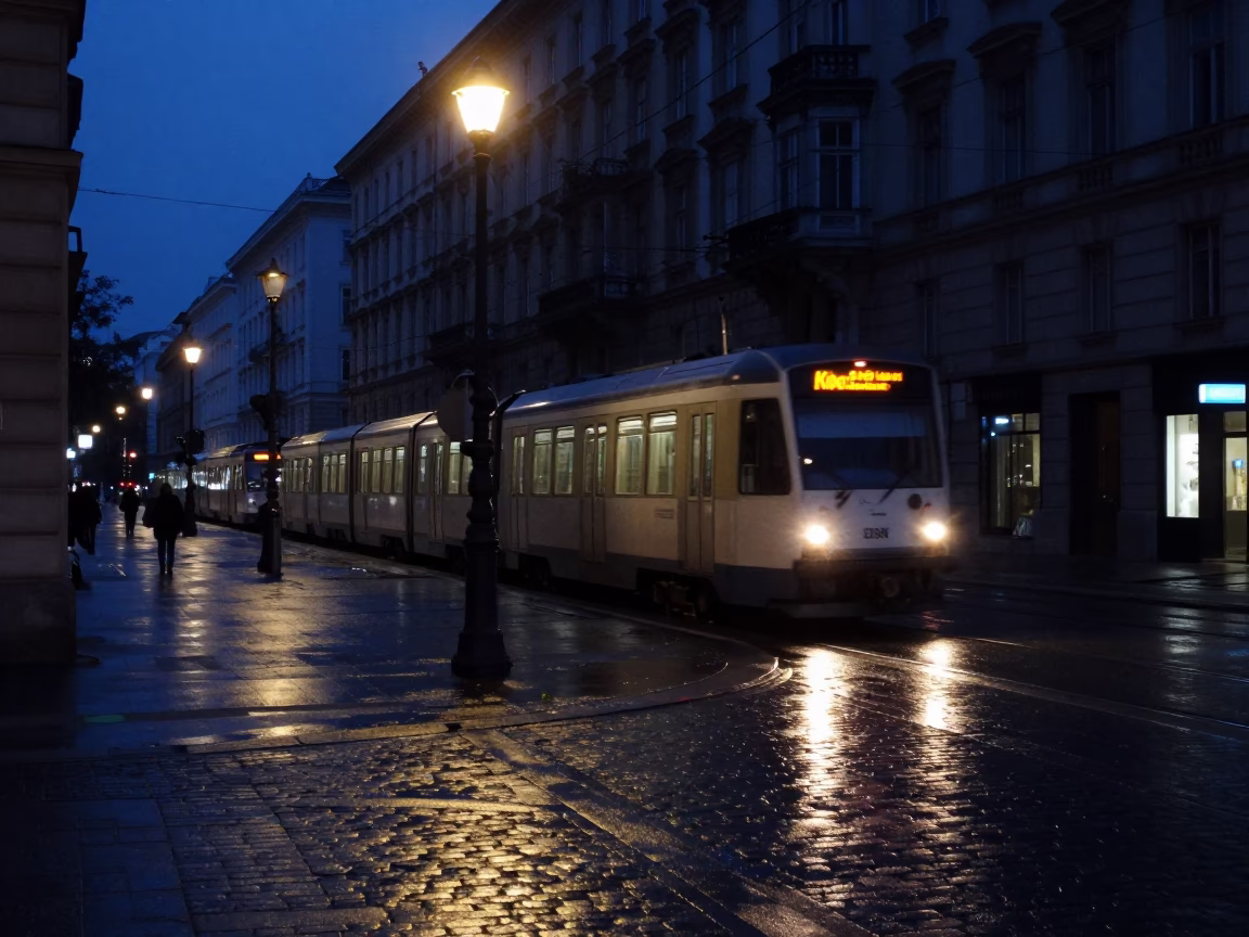 Vienna Austria Predawn Street Scene with Metro Train Emerging from Tunnel in in Vienna, Austria