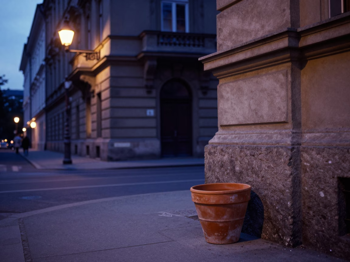 Vienna Austria predawn street scene with terracotta pot and quiet urban architecture in in Vienna, Austria