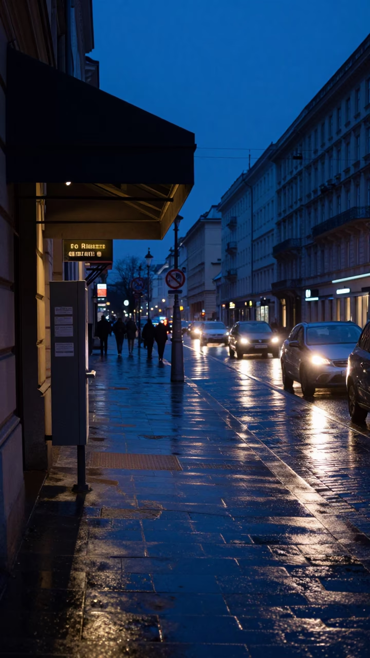 Vienna Austria Predawn Street Scene with Valet Stand and Headlight Reflections in in Vienna, Austria