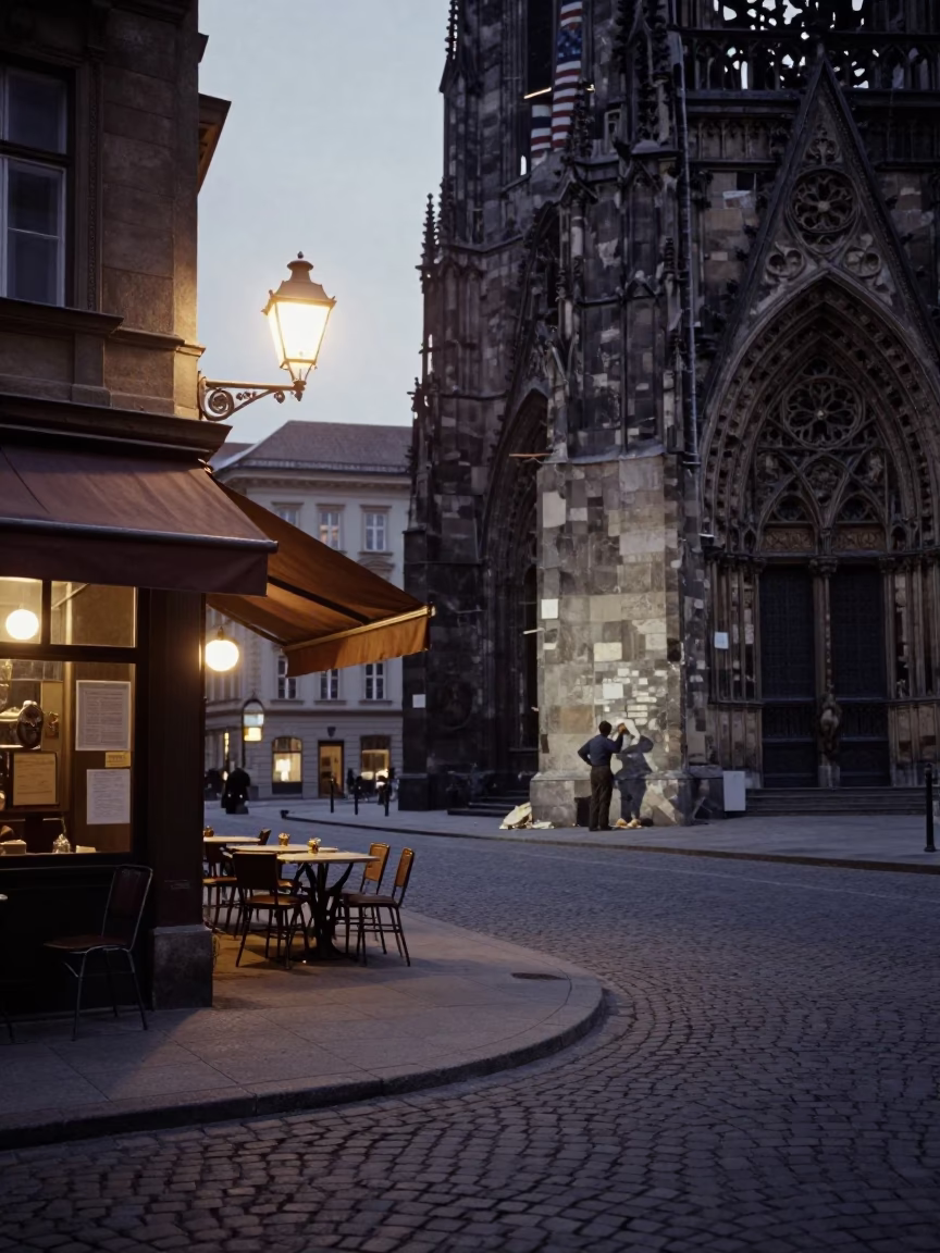 Vienna Austria Predawn Street Scene with Vintage 1950s Aesthetic and Local Details in in Vienna, Austria