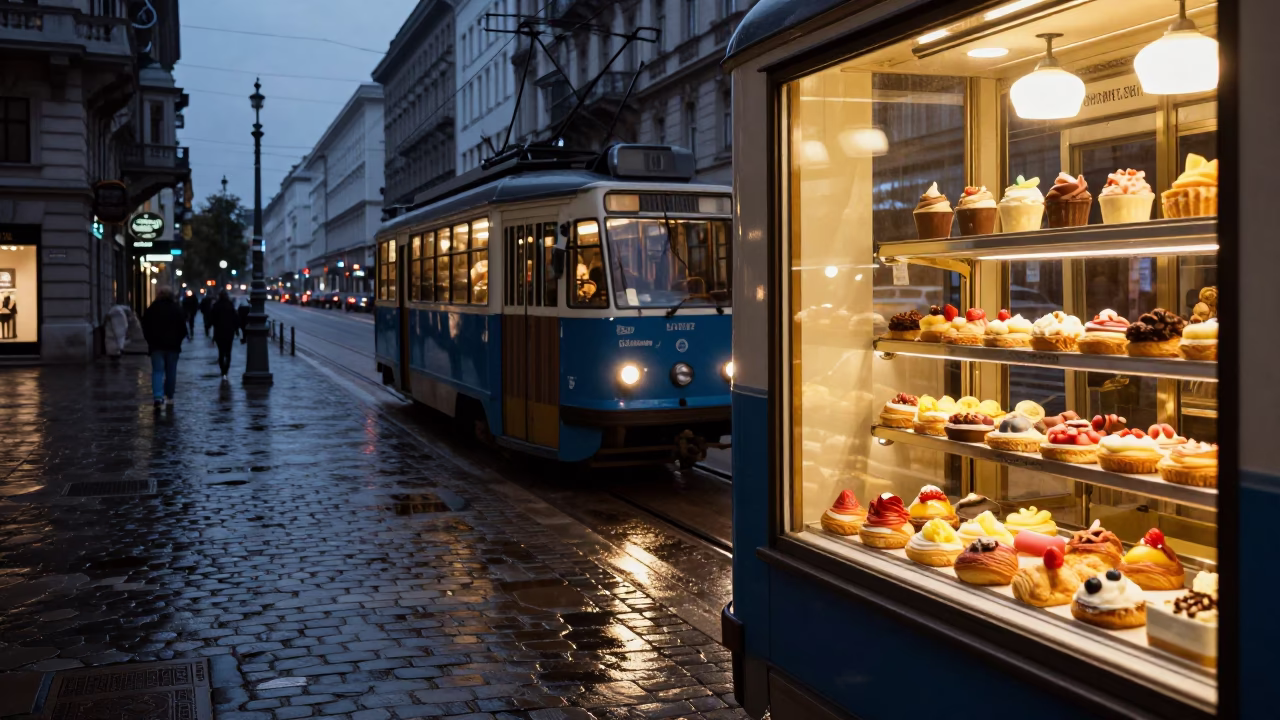 Vienna Austria Predawn Street Scene with Vintage Tram and Coffee Shop Display in in Vienna, Austria