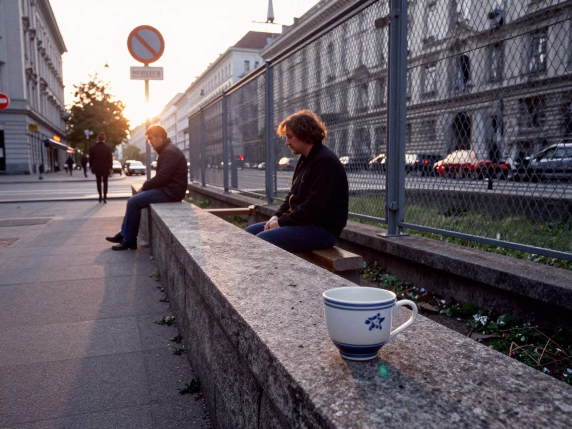 Vienna Austria Street Scene After Sunrise with Ceramic Cup and Substation Fence in in Vienna, Austria
