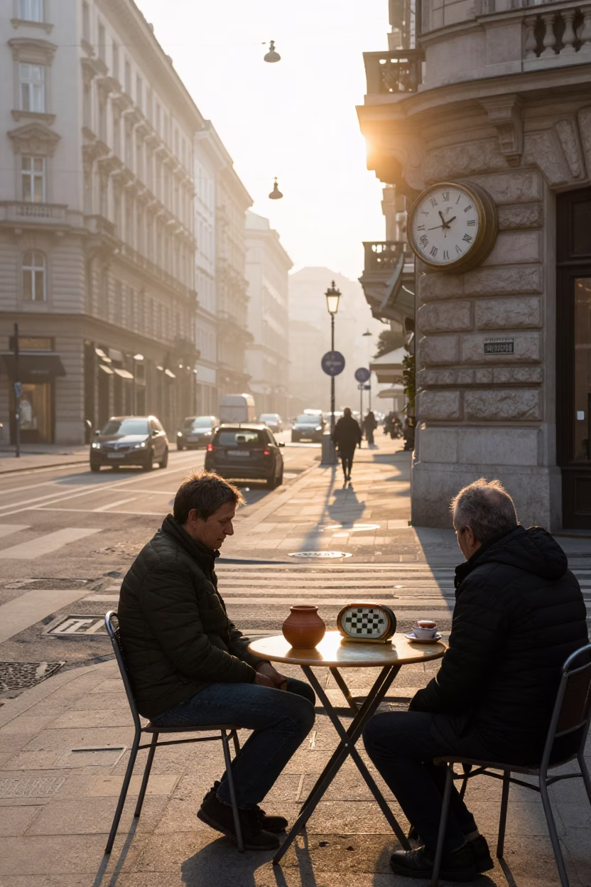 Vienna Austria Street Scene After Sunrise with Chess Clock and Clay Pot in in Vienna, Austria
