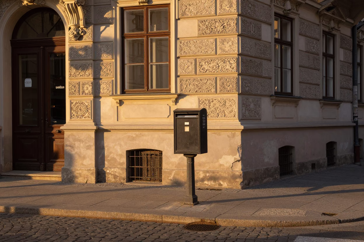 Vienna Austria Street Scene at Dusk Featuring Mailbox and Iron Deadbolt in in Vienna, Austria