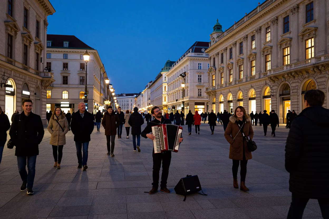 Vienna Austria Street Scene at Dusk with Accordion Musician and Crowded Cafe Terrace in in Vienna, Austria