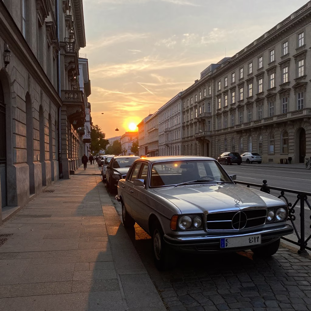 Vienna Austria Street Scene at Dusk with Vintage Car and Local Pedestrians in in Vienna, Austria