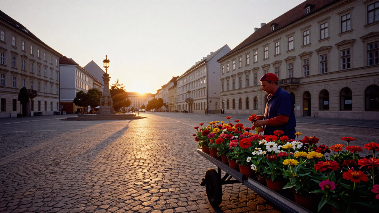 Vienna Austria Street Scene at Sunset with Colorful Zinnias and Local Café Atmosphere in in Vienna, Austria