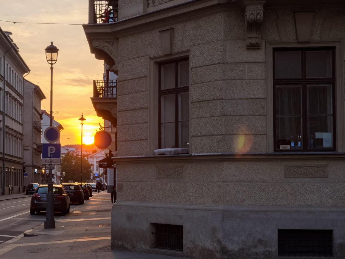 Vienna Austria Street Scene at Sunset with Condensation on Shelf and Deadbolt Details in in Vienna, Austria