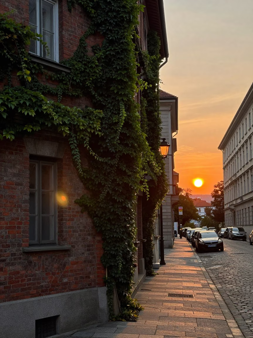 Vienna Austria street scene at sunset with ivy and water tower in in Vienna, Austria