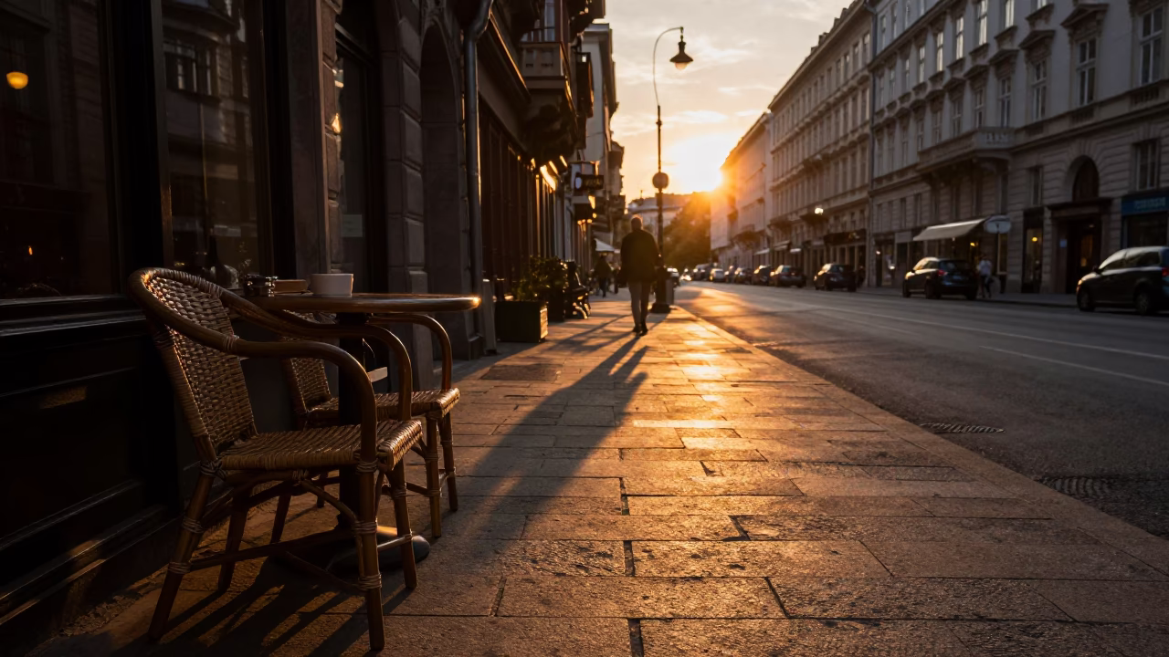 Vienna Austria Street Scene at Sunset with Wicker Shadow on Wall in in Vienna, Austria