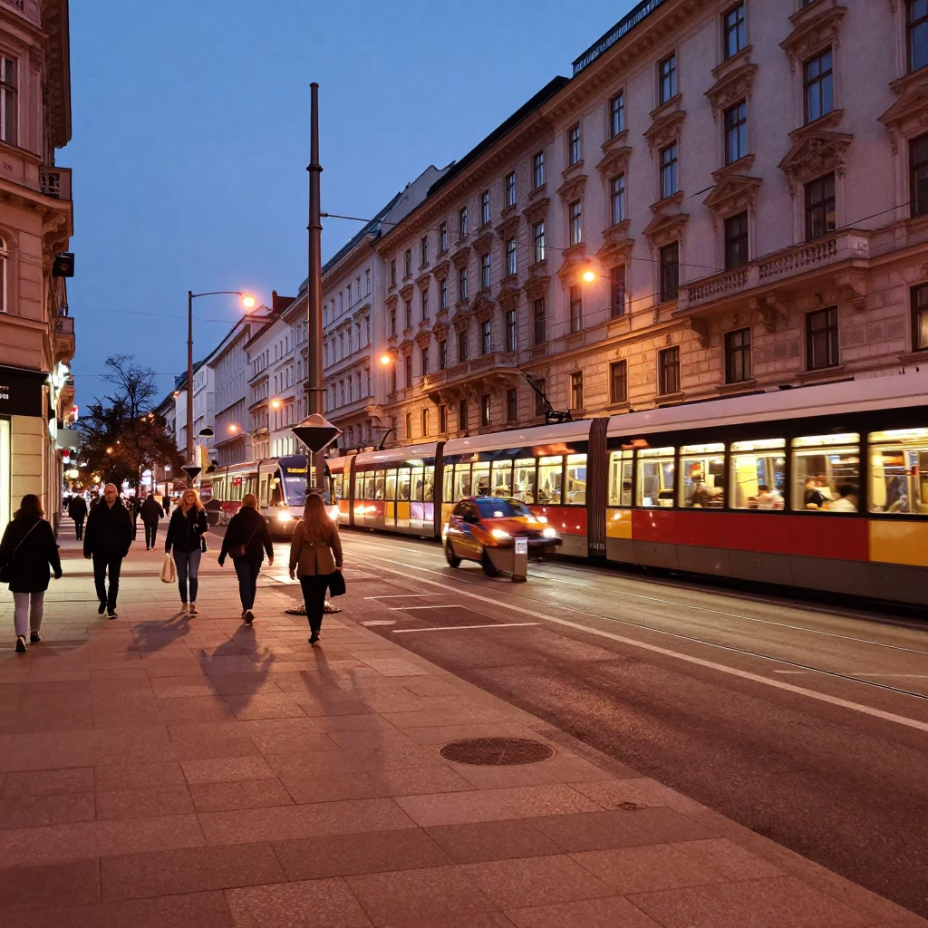 Vienna Austria street scene before dusk copper light busy urban moment in in Vienna, Austria