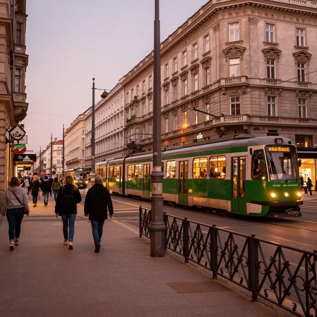 Vienna Austria street scene before dusk with tram and pedestrians in copper light in in Vienna, Austria