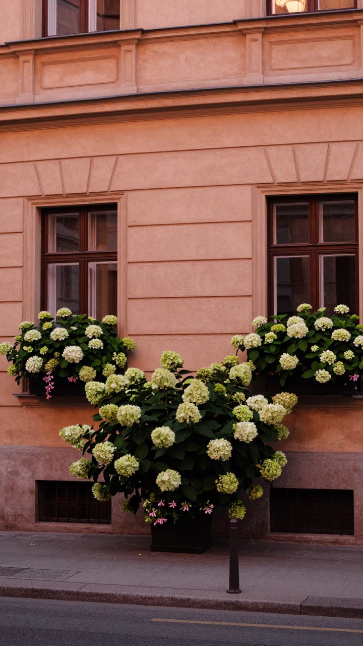 Vienna Austria Street Scene with Hydrangeas and Clematis in Copper Dusk Light in in Vienna, Austria
