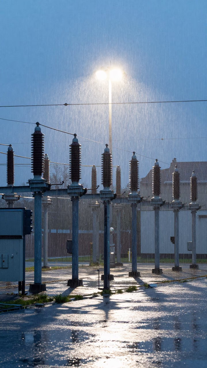 Vienna Austria Substation Insulators Sparkling with Rain Under Floodlights Before Sunrise in in Vienna, Austria
