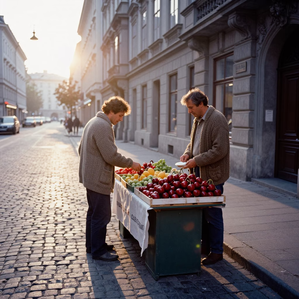 Vienna Austria Sunrise Street Scene with Cardigan and Cherry Vendor in in Vienna, Austria
