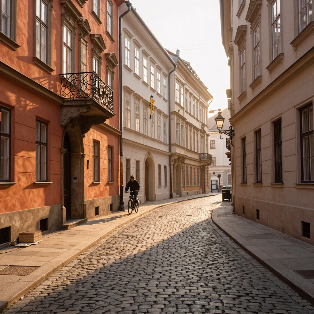 Vienna Austria Sunrise Street Scene with Cobblestones and Morning Light in in Vienna, Austria