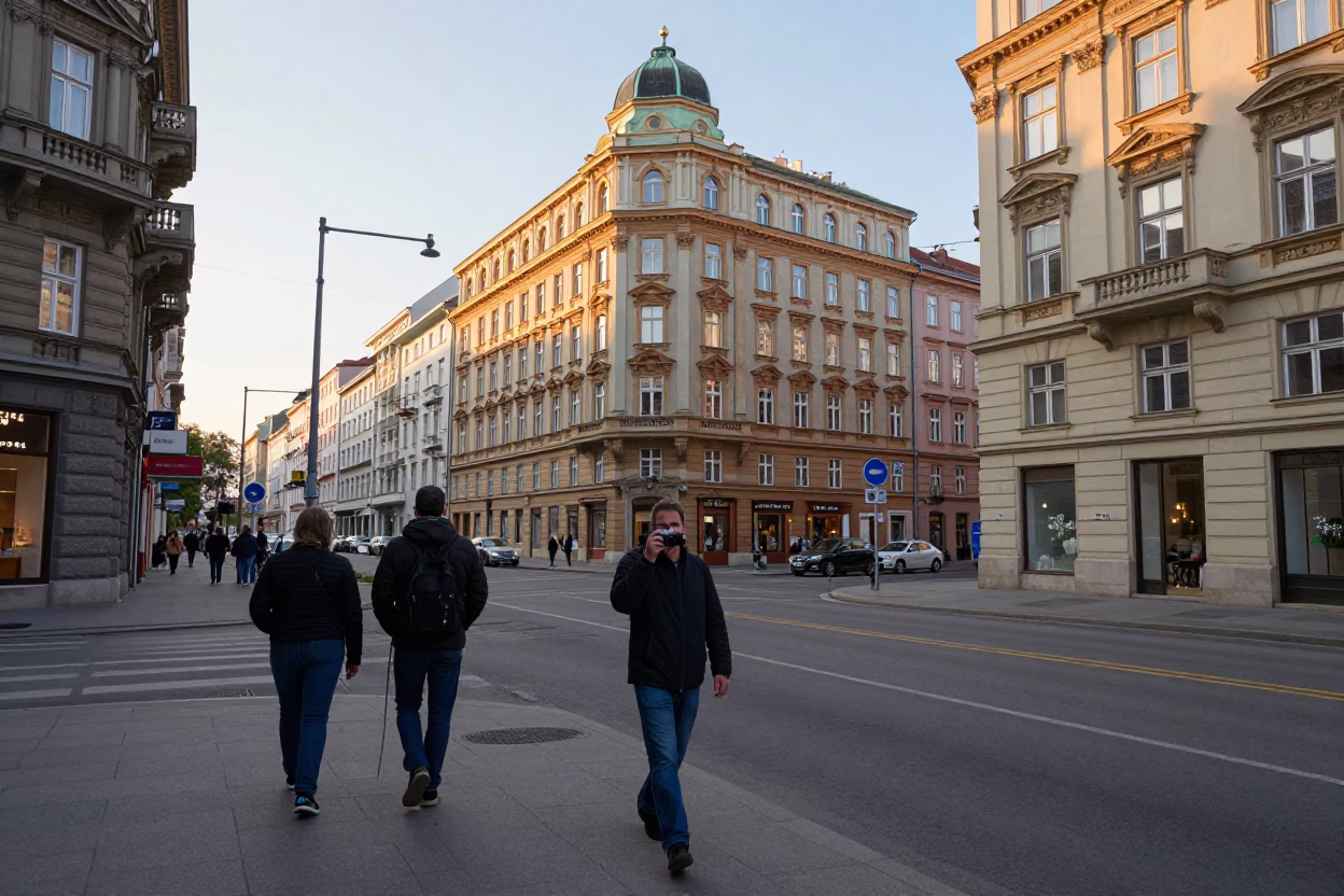 Vienna Austria Sunrise Street Scene with Colorful 1990s Elements and Urban Life in in Vienna, Austria