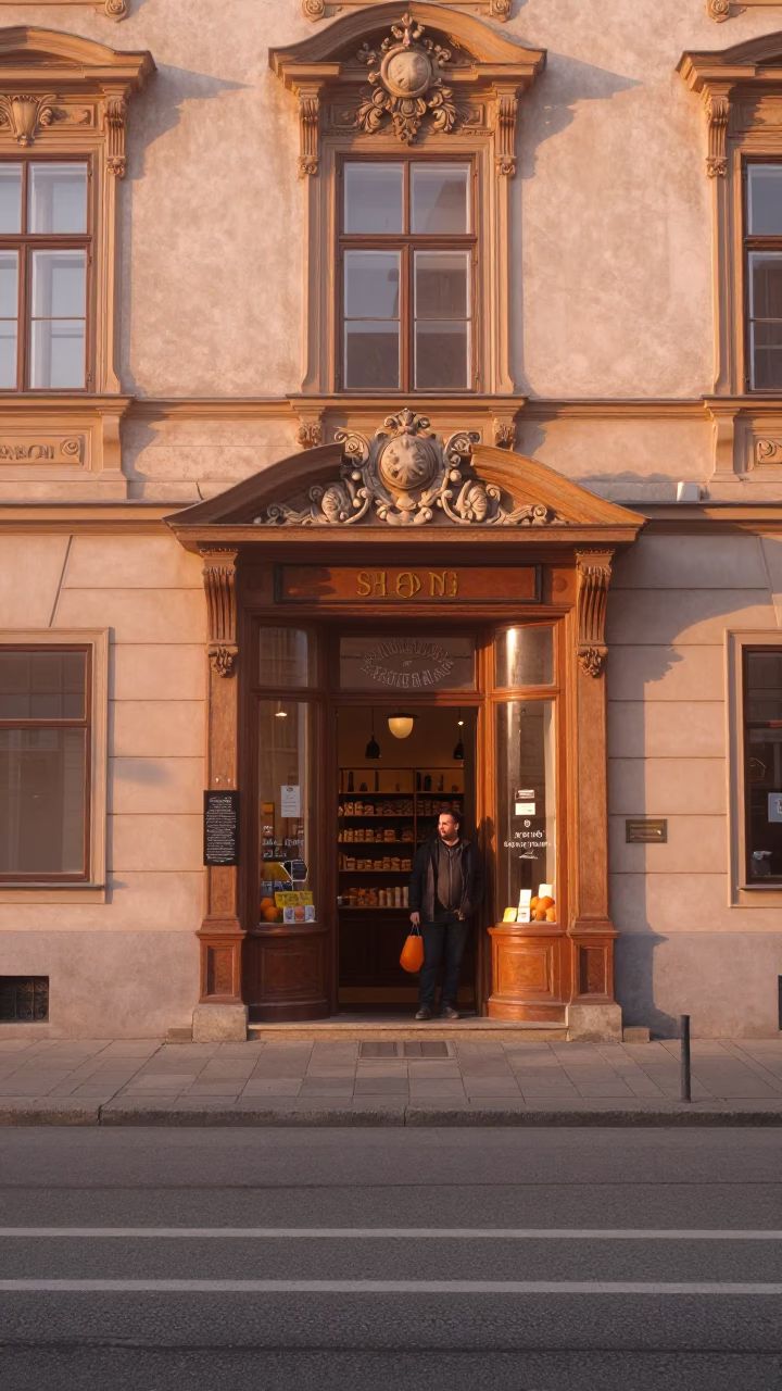 Vienna Austria Sunrise Street Scene with Local Shopkeeper and Orange Cat in in Vienna, Austria