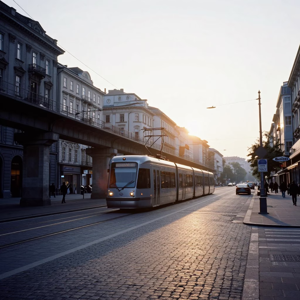 Vienna Austria Sunrise Street Scene with Monorail and Local Life in in Vienna, Austria