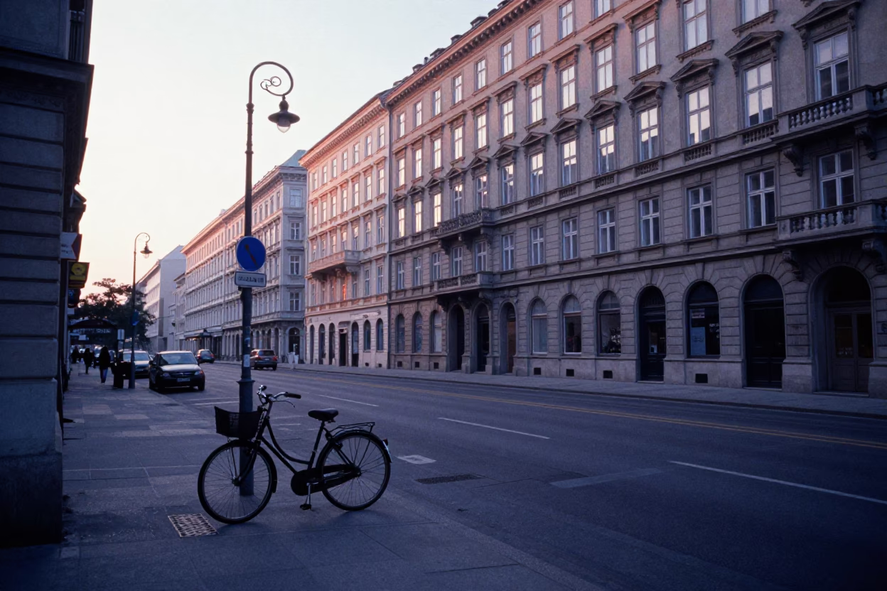 Vienna Austria Sunrise Street Scene with Vintage Bicycle and Morning Light in in Vienna, Austria