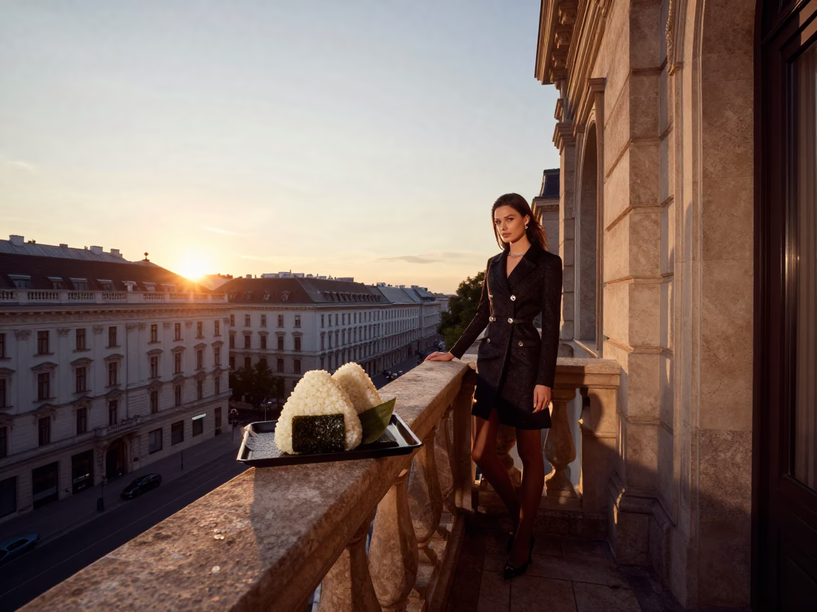 Vienna Austria Sunset High Fashion Portrait with Tray of Onigiri and Ethiopian Injera in in Vienna, Austria