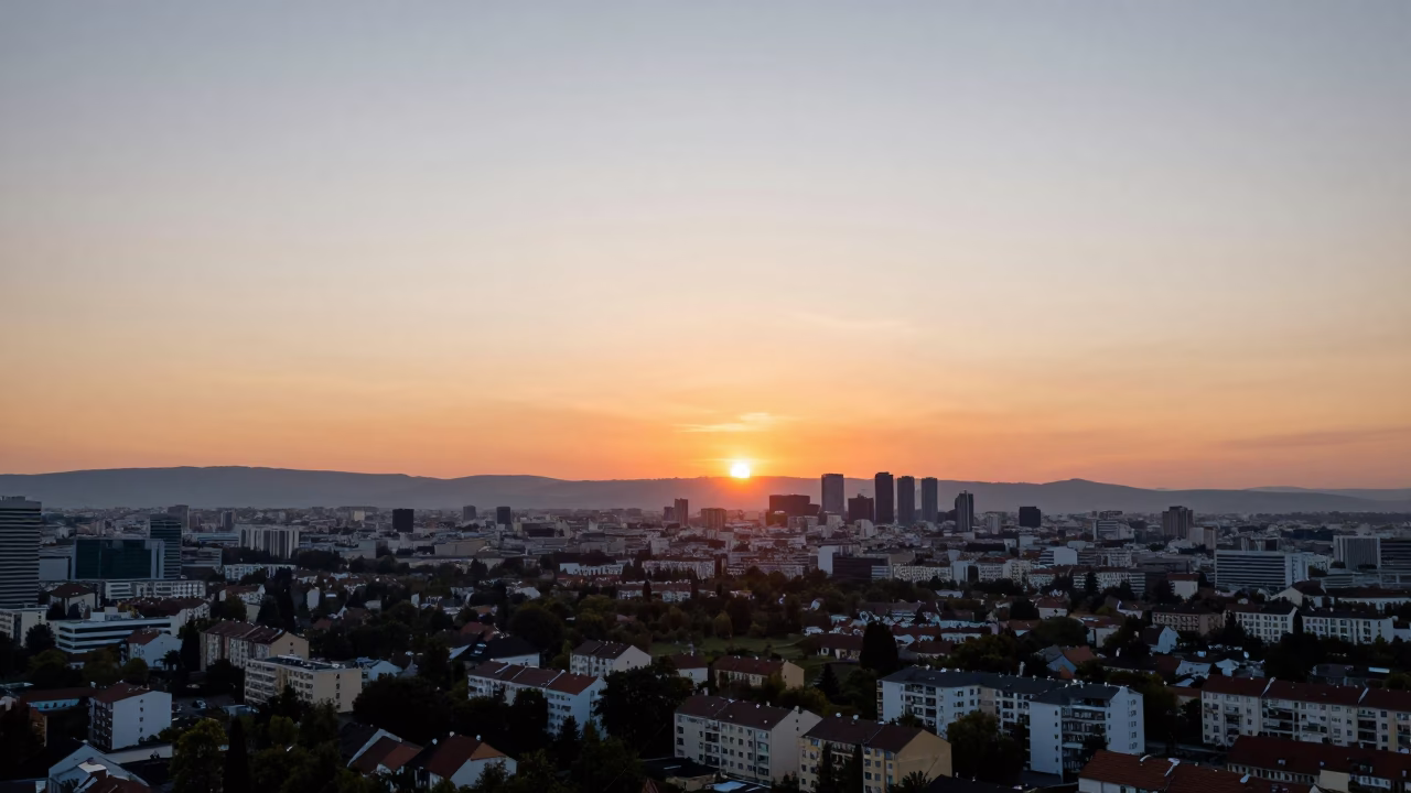 Vienna Austria Sunset Horizon View of City Skyline and Suburban Rooftops at Dusk in in Vienna, Austria